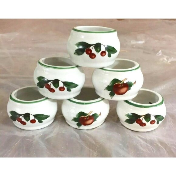 Ceramic Napkin Rings White w Painting Of Apple & Cherries 1.25” Wide Set Of 6 - Picture 1 of 10
